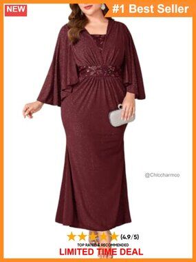 Plus Size Sequin Evening Gown Flowy Cape Mermaid Maxi Formal Dress